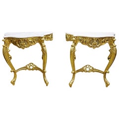 Pair French Louis XV Gilded Console Tables with White Marble Tops