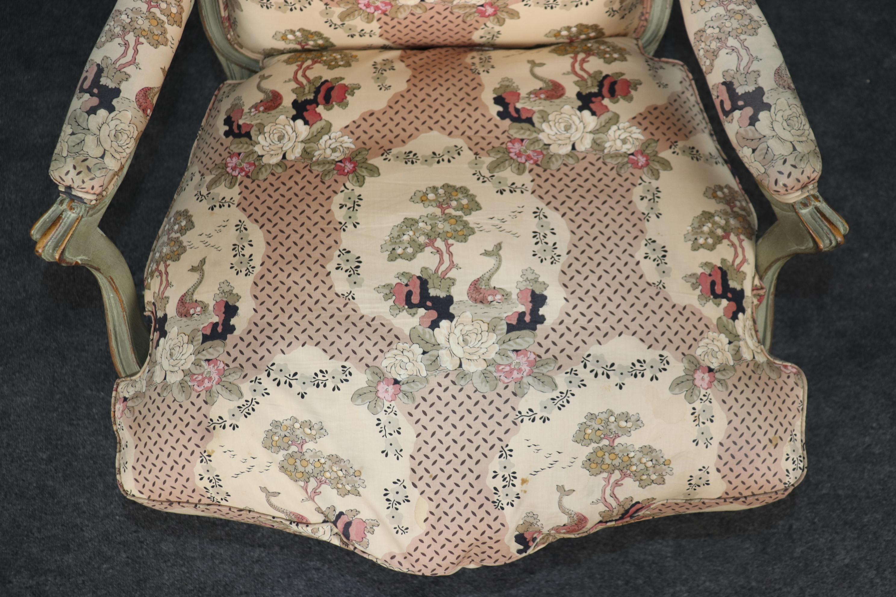 Pair French Louis XV Gray Paint Decorated Carved French Louis XV Bergere Chairs 5