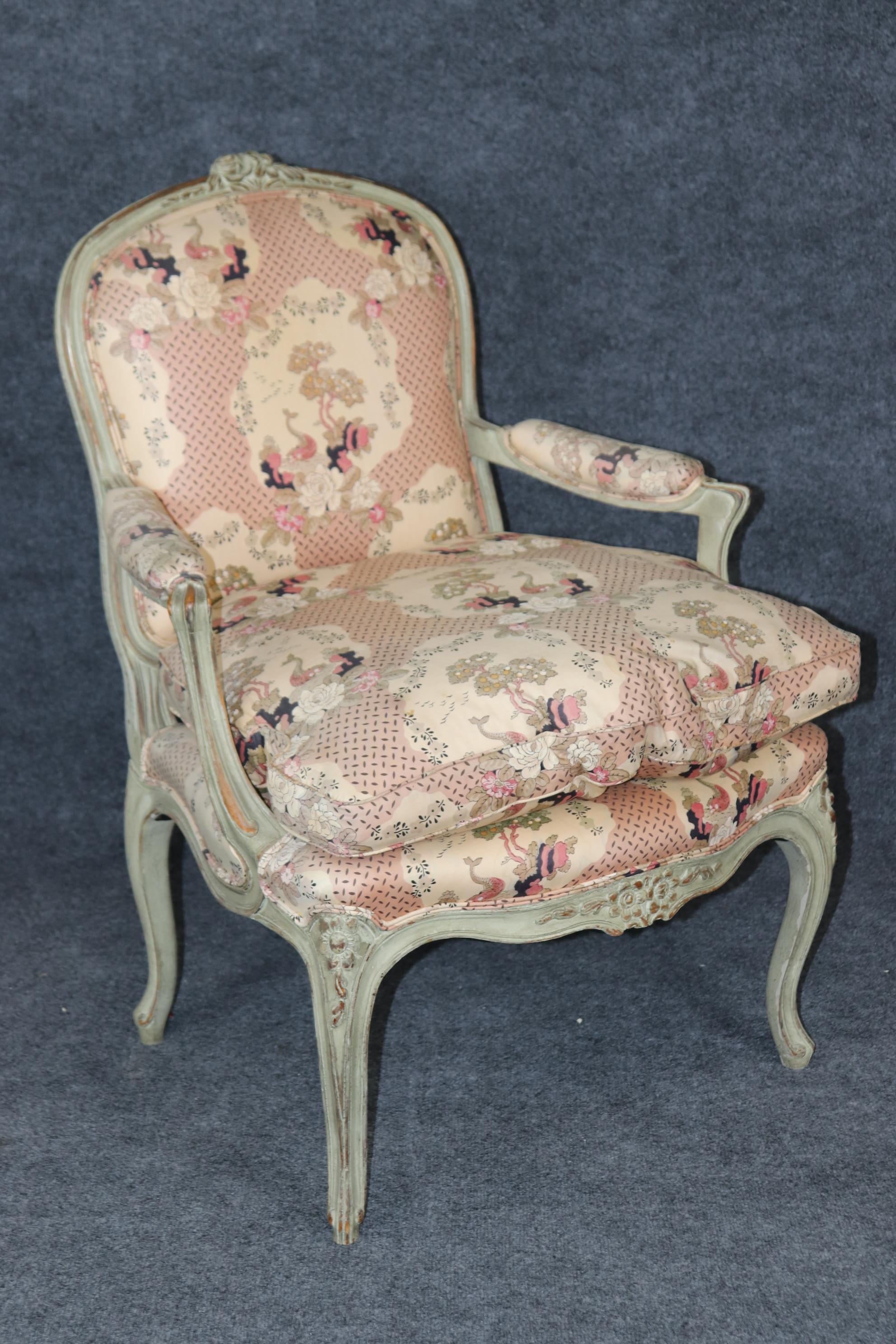 Pair French Louis XV Gray Paint Decorated Carved French Louis XV Bergere Chairs 1