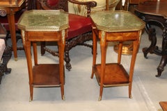 Pair French Louis XV Green Marble Top Ormolu Endtables Nightstands