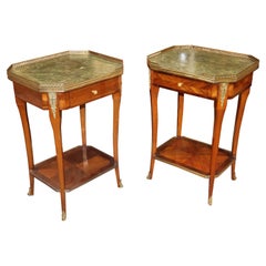 Pair French Louis XV Green Marble Top Ormolu Endtables Nightstands