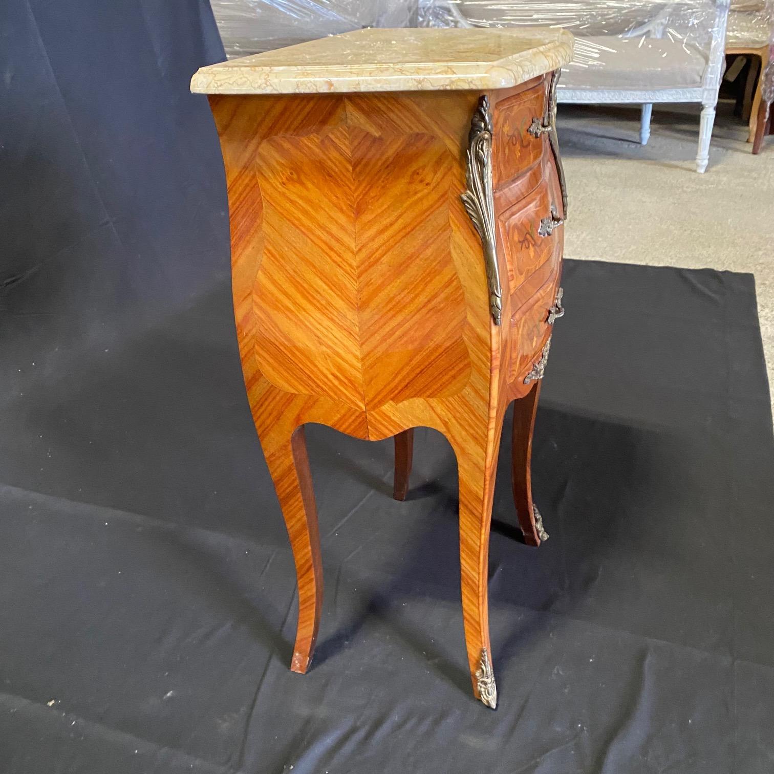  Pair French Louis XV Marble Topped Marquetry Night Stands or Side Tables  In Good Condition For Sale In Hopewell, NJ