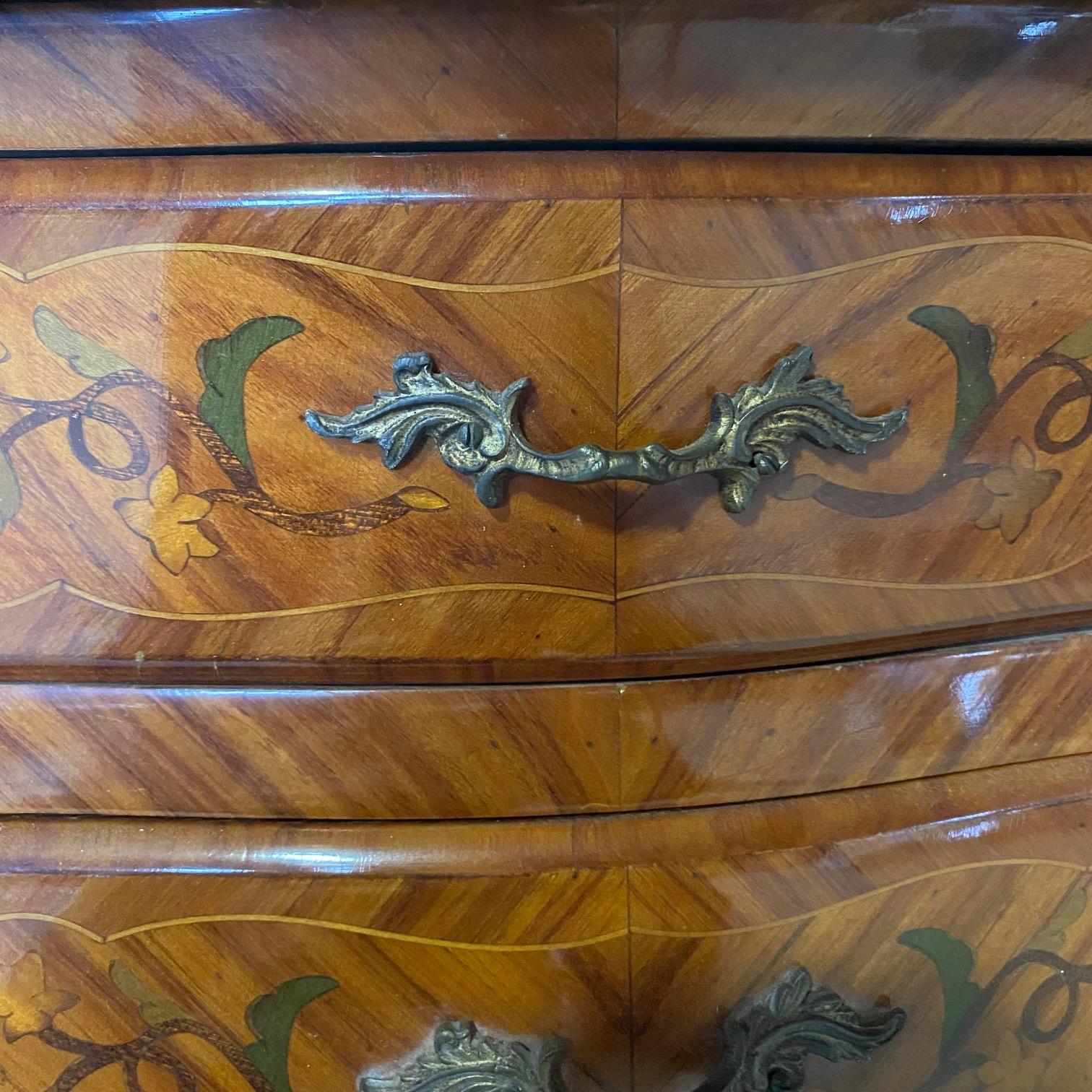 Mid-20th Century  Pair French Louis XV Marble Topped Marquetry Night Stands or Side Tables  For Sale