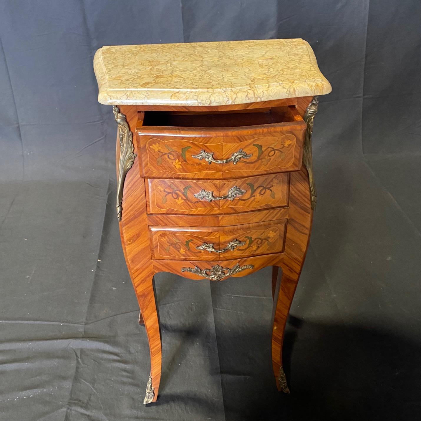 Pair French Louis XV Marble Topped Marquetry Night Stands or Side Tables  For Sale 3