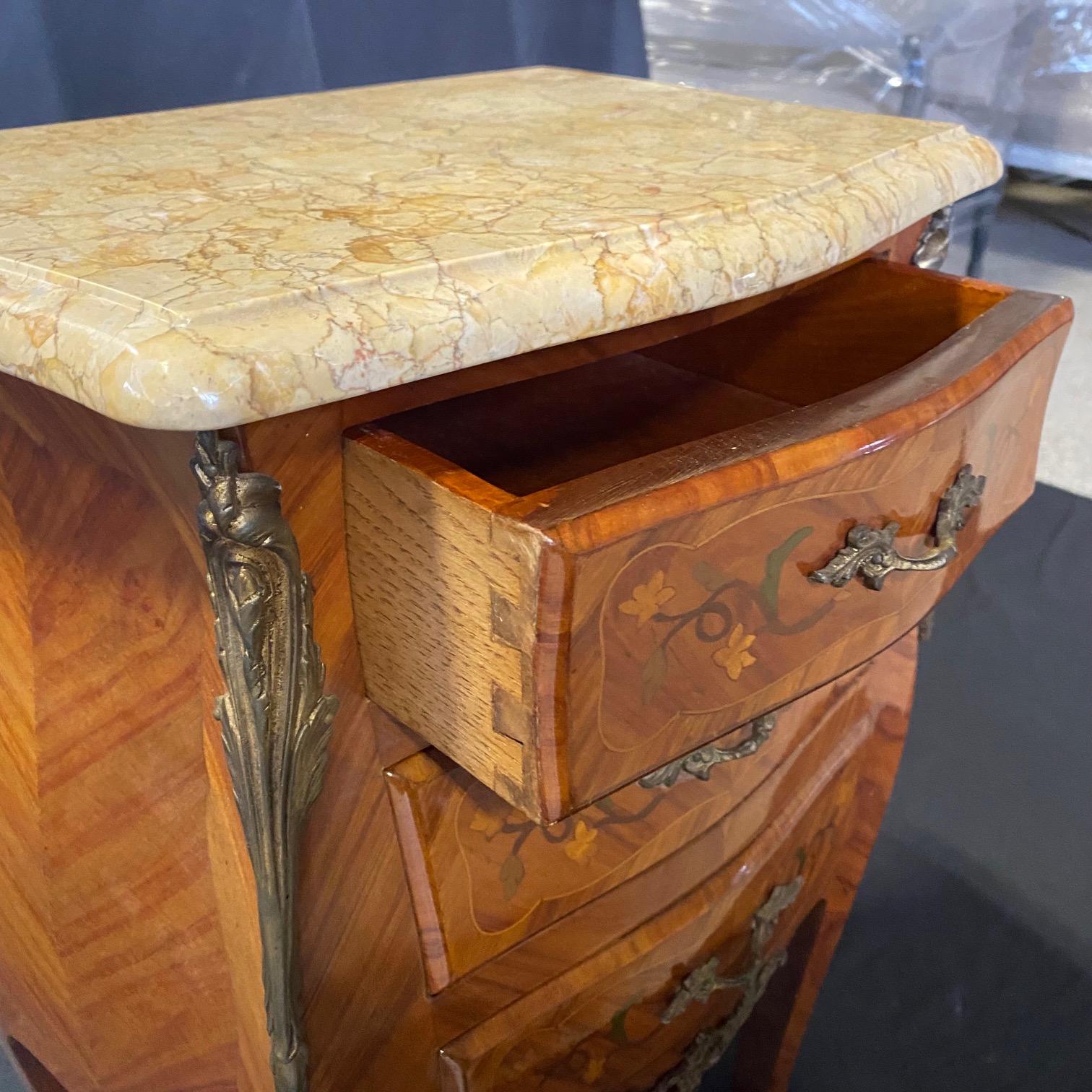  Pair French Louis XV Marble Topped Marquetry Night Stands or Side Tables  For Sale 4