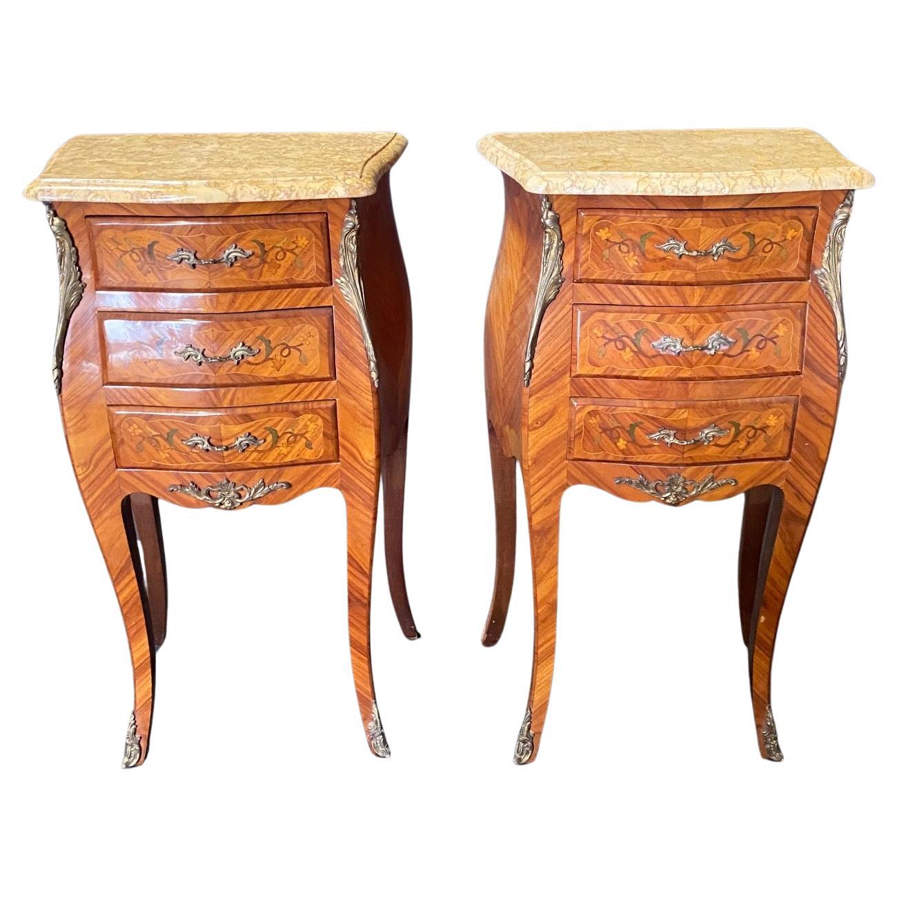  Pair French Louis XV Marble Topped Marquetry Night Stands or Side Tables  For Sale