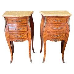  Pair French Louis XV Marble Topped Marquetry Night Stands or Side Tables 