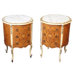 Pair of French Louis XV Paint Decorated Satinwood Inlaid Marble Top Nightstands