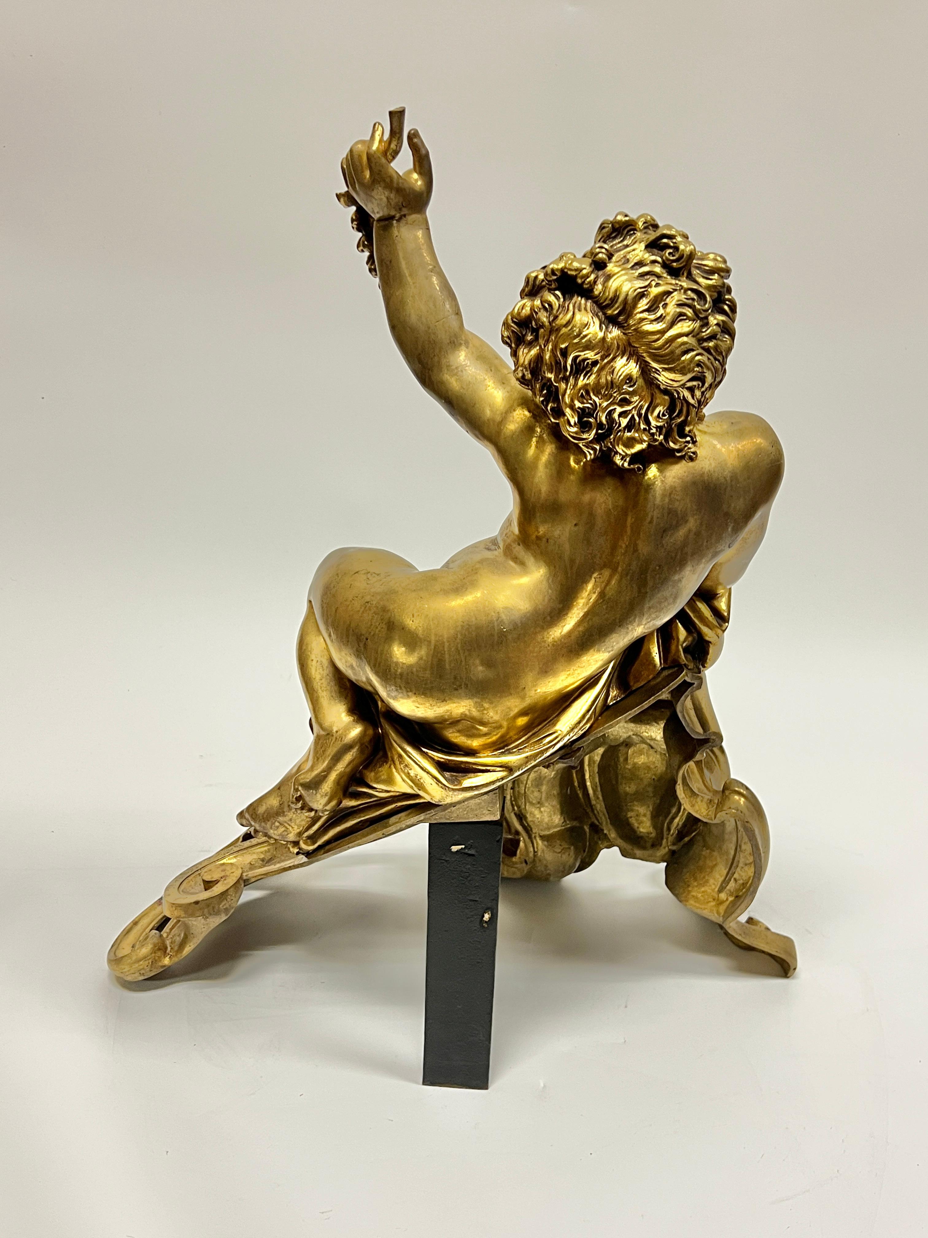 Pareja Andirones / Chenets Figurales Putti de Bronce Dorado Estilo Luis XV French Rococo en venta 6