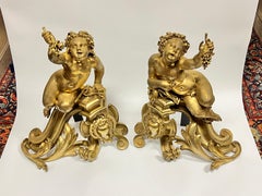 Paire d'andirons / Chenets en bronze doré à figurines de Putti de style Louis XV Rococo
