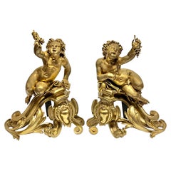 Pareja Andirones / Chenets Figurales Putti de Bronce Dorado Estilo Luis XV French Rococo