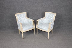 Pair French Louis XV Style Blue Upholstered Bergères Chairs Attr to Jansen