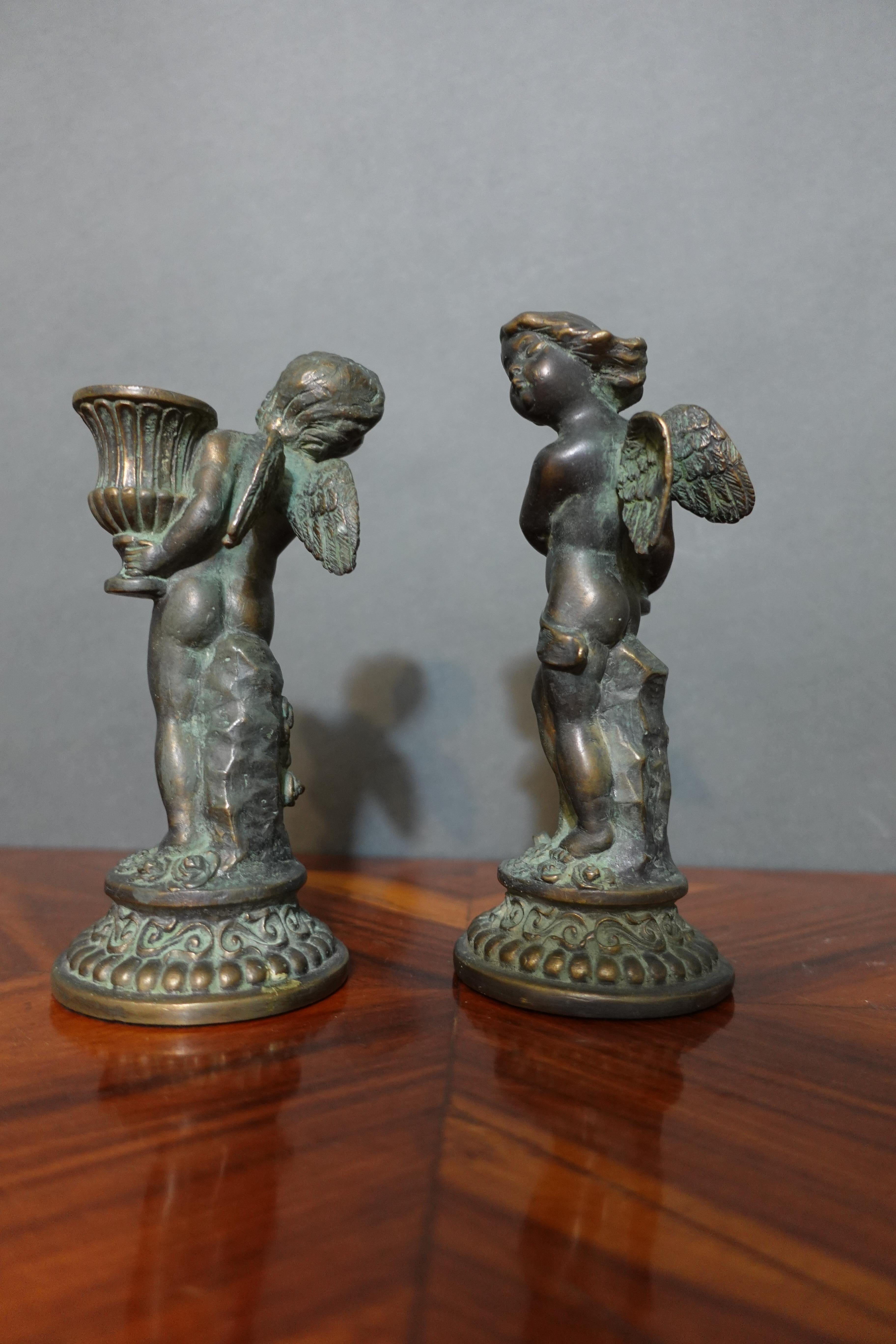 Pair French Louis XV Style Bronze Candlesticks, Modelled as Cherubs with Baskets For Sale 3