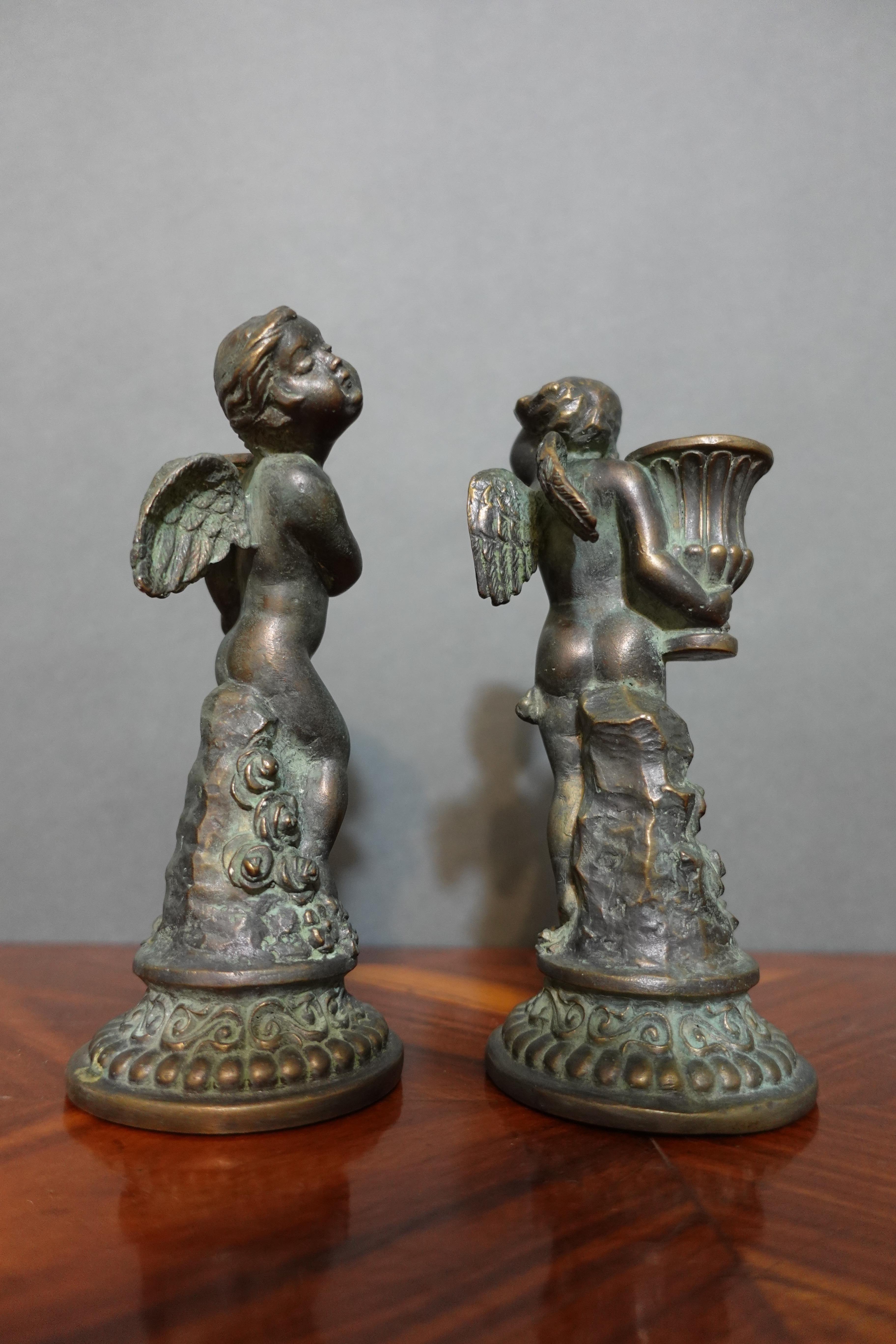 Pair French Louis XV Style Bronze Candlesticks, Modelled as Cherubs with Baskets For Sale 9