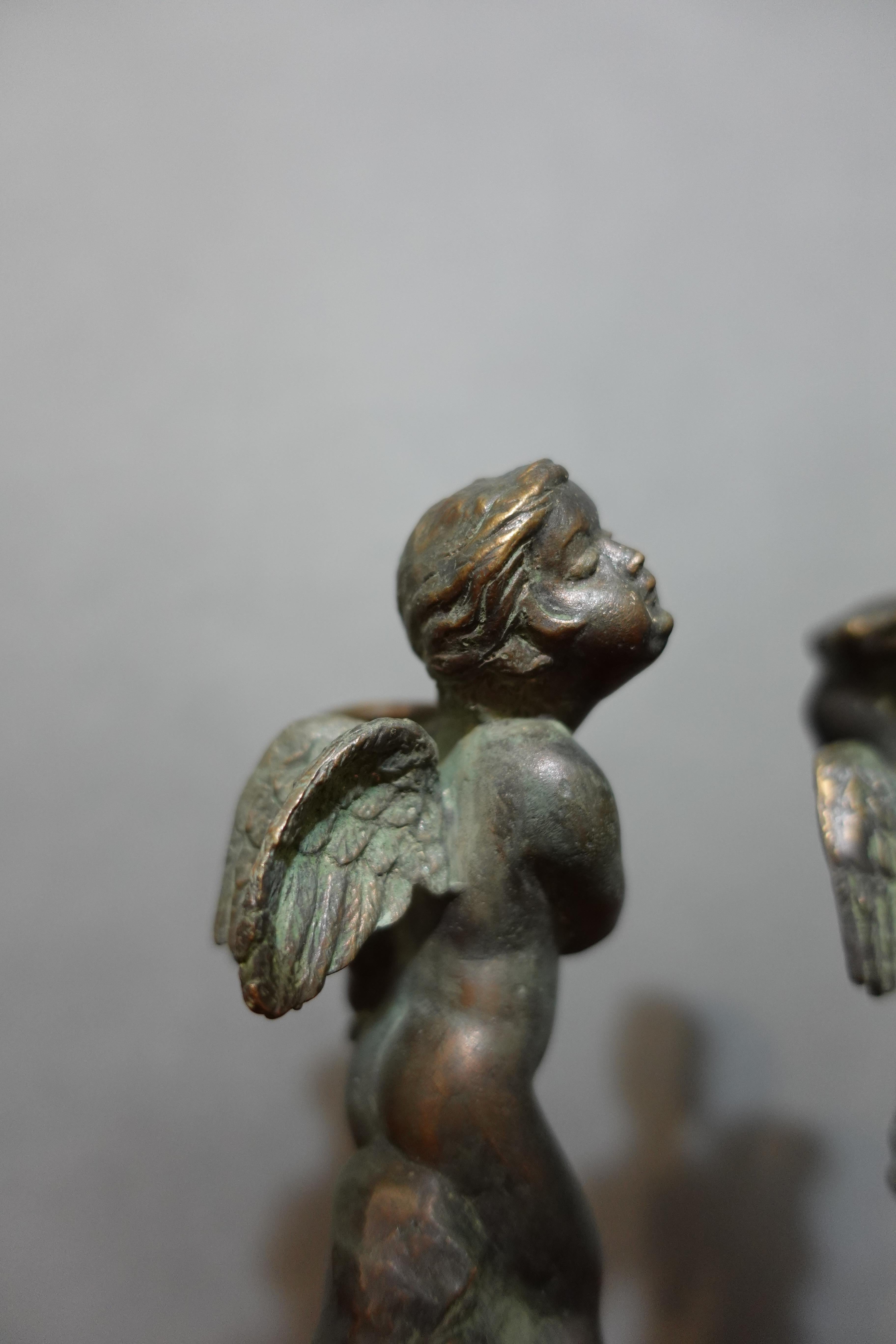 Pair French Louis XV Style Bronze Candlesticks, Modelled as Cherubs with Baskets For Sale 10