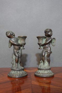 Pair French Louis XV Style Bronze Candlesticks, Modelled as Cherubs with Baskets