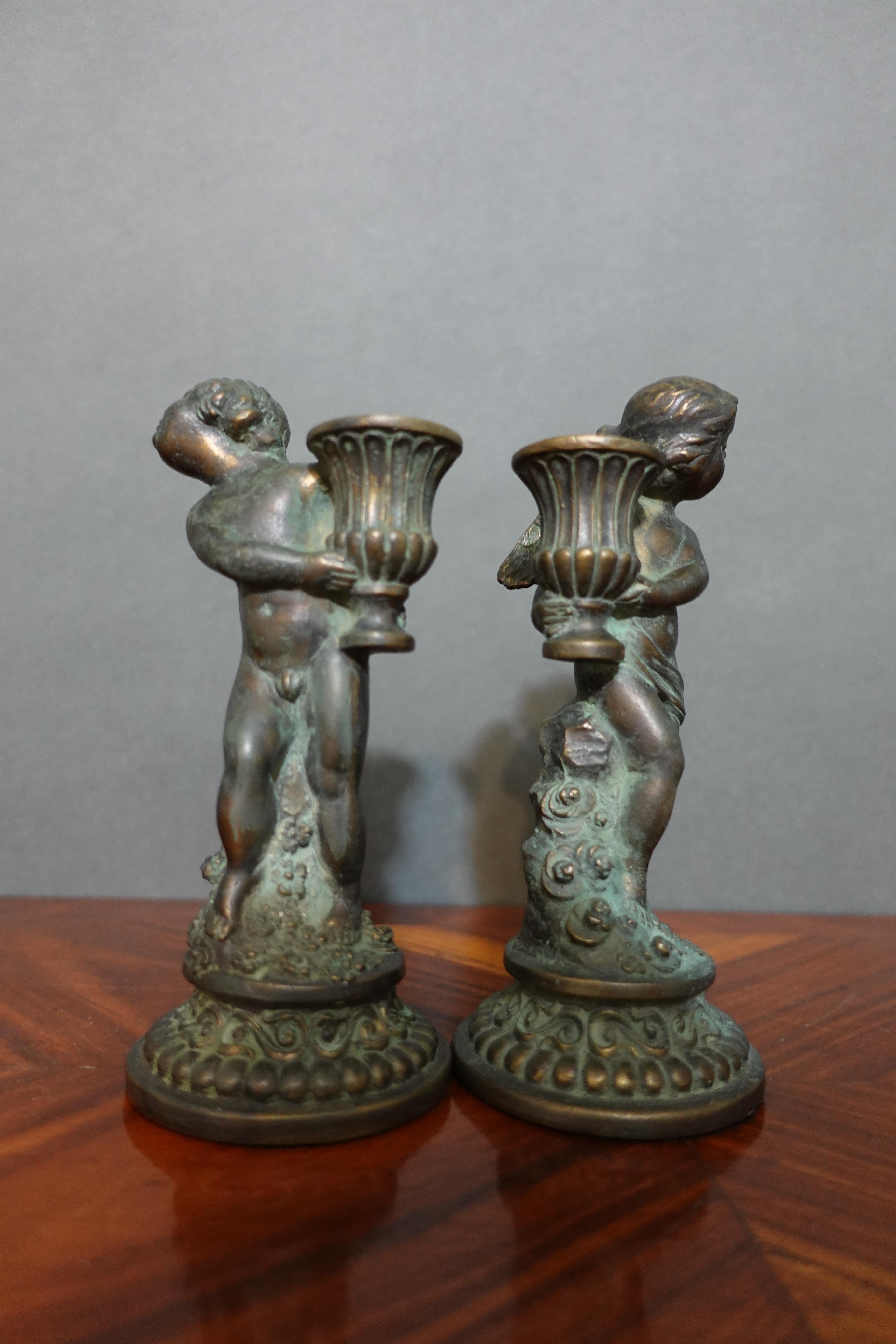 Pair French Louis XV Style Bronze Candlesticks, Modelled as Cherubs with Baskets For Sale 13