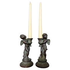 Antique Pair French Louis XV Style Bronze Candlesticks, Modelled as Cherubs with Baskets
