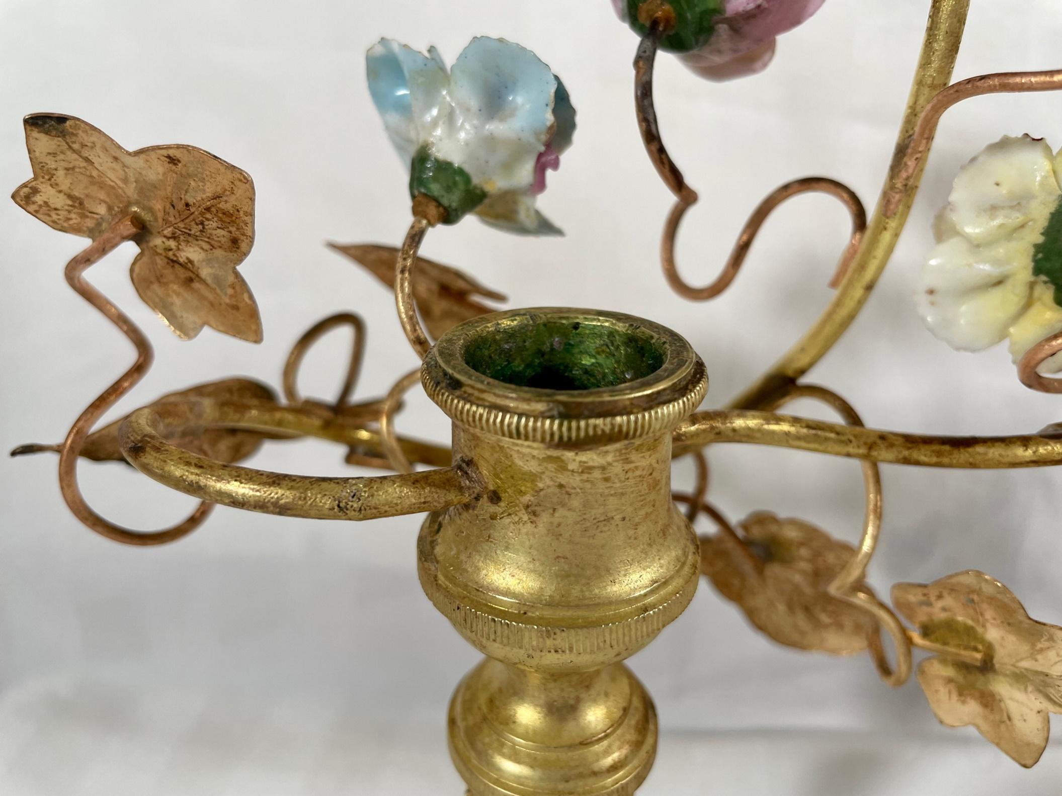Pair French Louis XV Style Bronze Ormolu Mounted Porcelain and Tole Candlesticks 1
