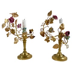 Pair French Louis XV Style Bronze Ormolu Mounted Porcelain and Tole Candlesticks