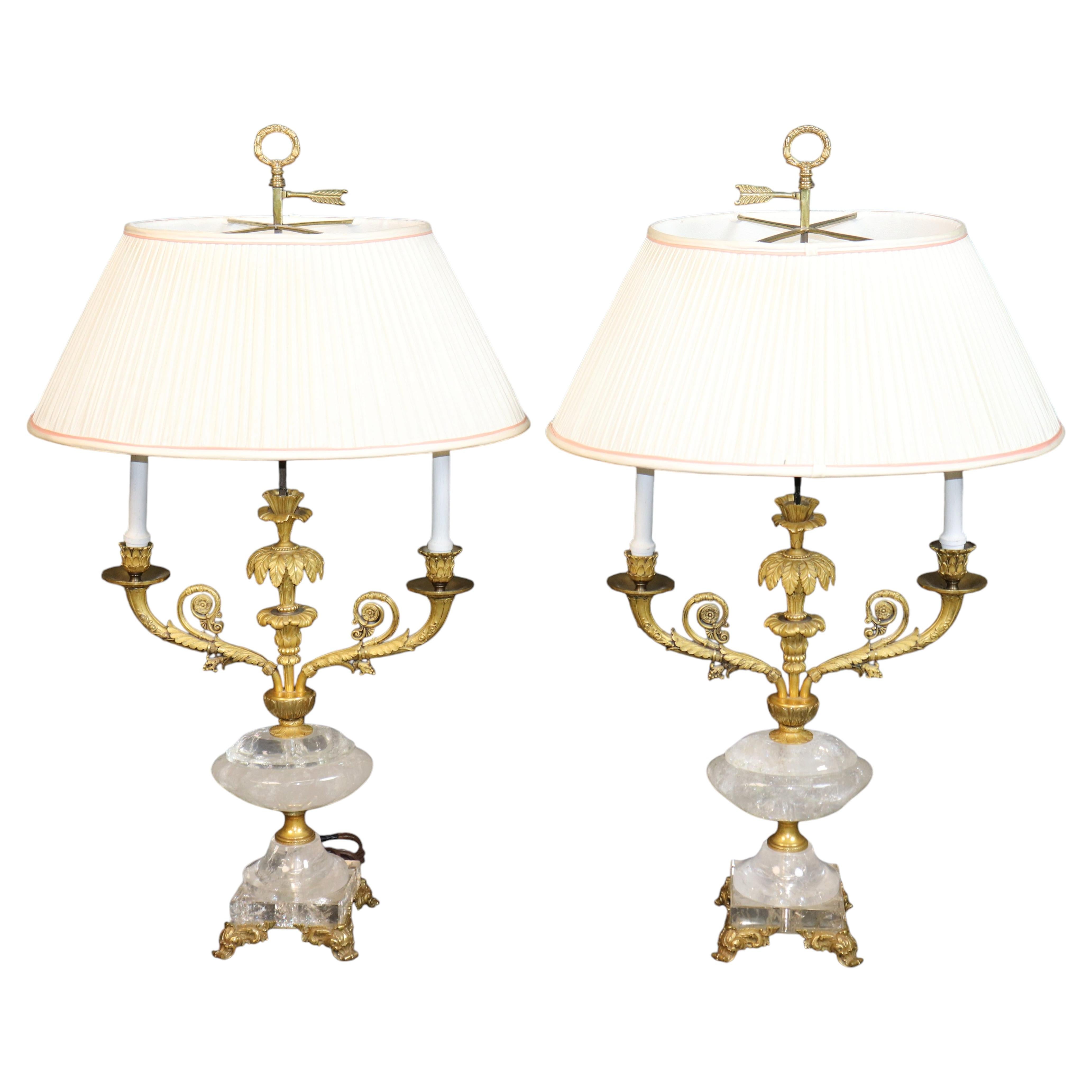 Pair French Louis XV Style Bronze Ormolu & Rock Crystal Lamps For Sale