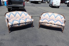 Pair French Louis XV Style Dark Walnut Embroidered Settees Canapes Circa 1950