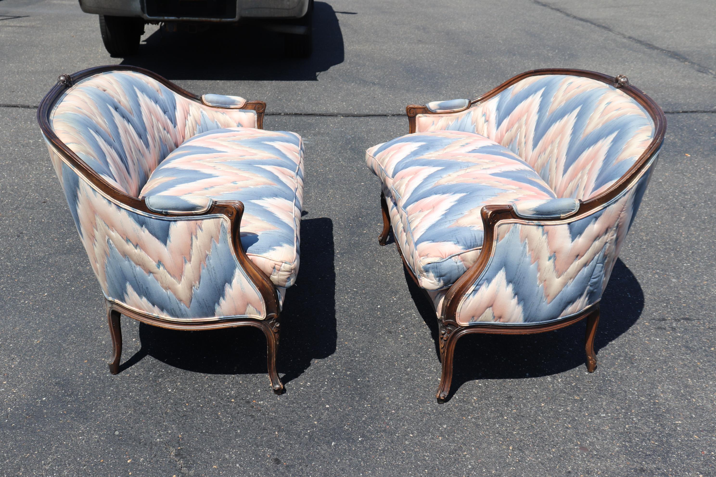 Pair French Louis XV Style Dark Walnut Embroidered Settees Canapes Circa 1950 2