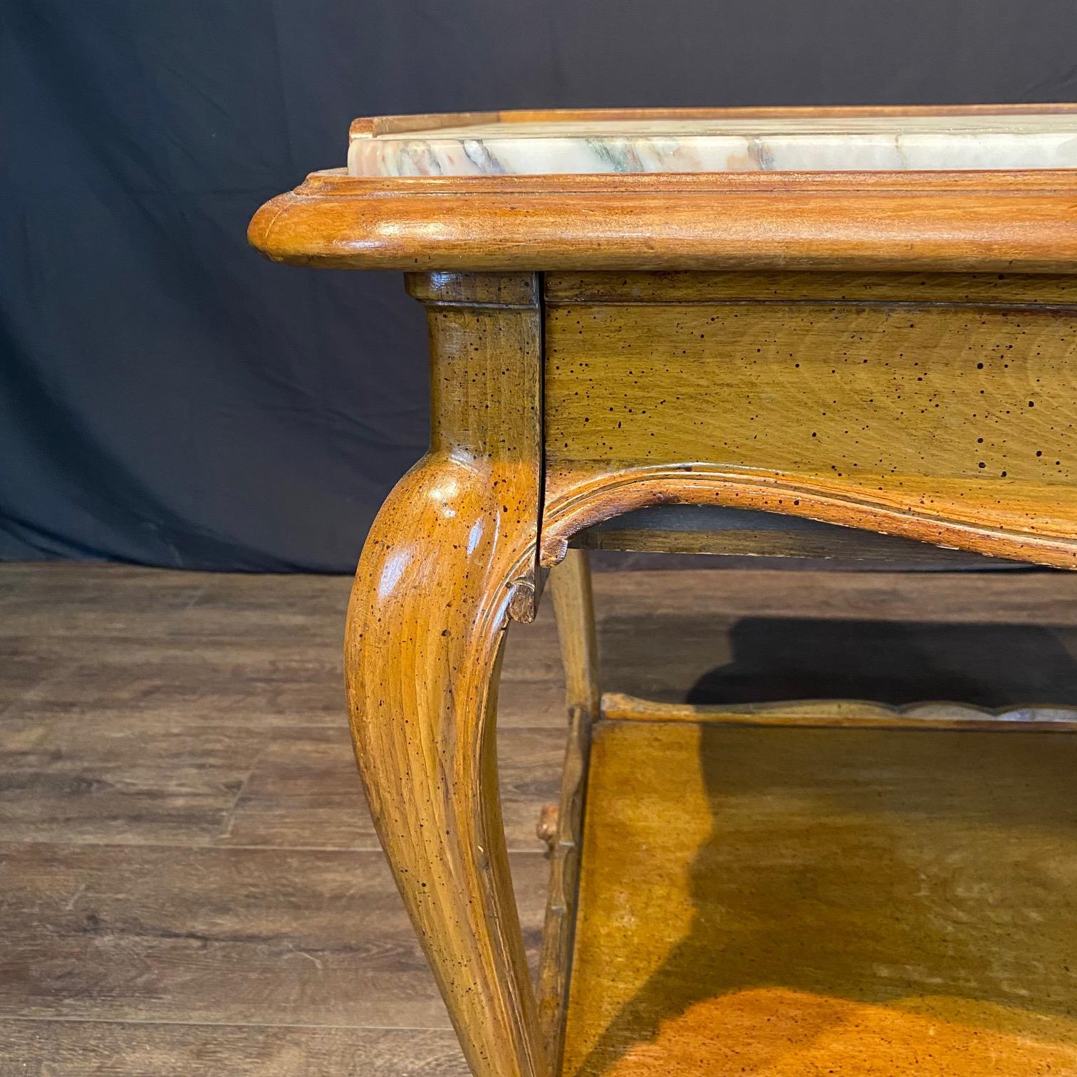 Mid-20th Century Pair French Louis XV Style End Tables with Exquisite Marble Tops For Sale