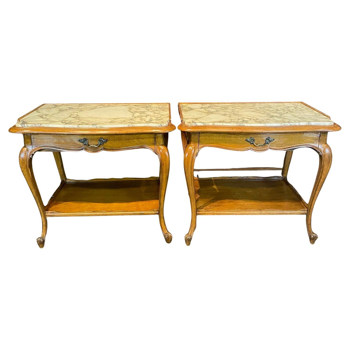 Pair French Louis XV Style End Tables with Exquisite Marble Tops For Sale