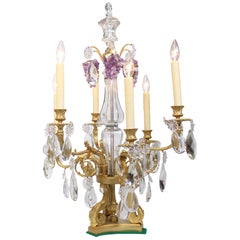 Pair French Louis XV Style Gilt-Bronze & Cut-Glass 6-Light Girandole Table Lamps