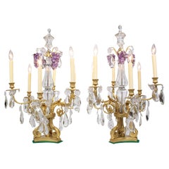 Pair French Louis XV Style Gilt-Bronze & Cut-Glass 6-Light Girandole Table Lamps