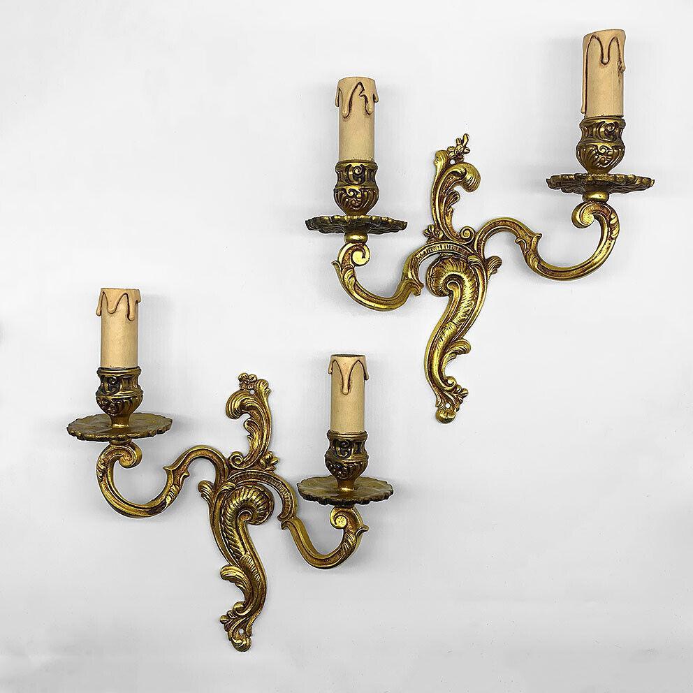 Pair 1940's French Louis XV Rococo style Gilt Bronze Wall Sconces. Signed by Atelier Petitot. I purchased these while on a buying trip to France.