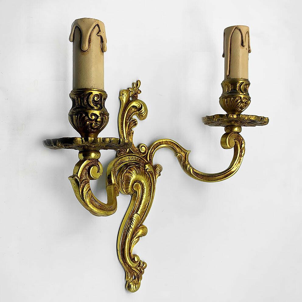 Mid-20th Century Pair French Louis XV style Gilt Bronze Rococo Wall Sconces Signed by A. Petitot For Sale