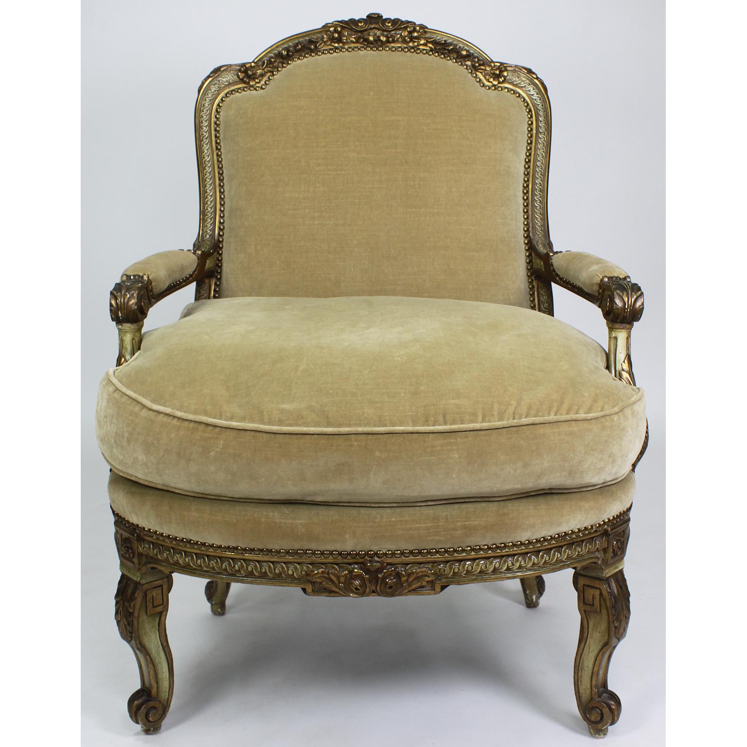 French Pair of Louis XV Style Gilt & Painted Carved Armchairs, Attributed Maison Jansen For Sale