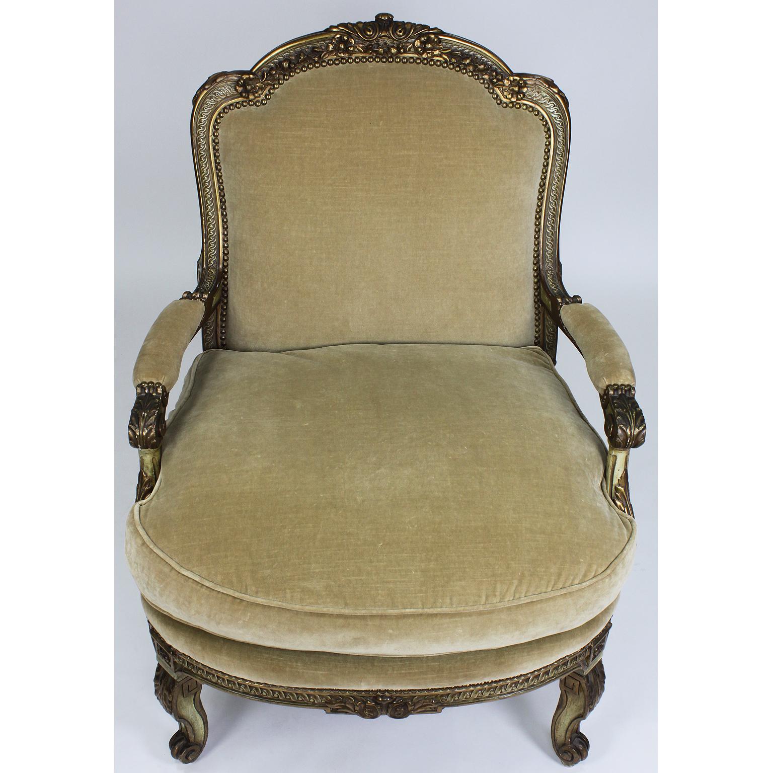 Hand-Carved Pair of Louis XV Style Gilt & Painted Carved Armchairs, Attributed Maison Jansen For Sale