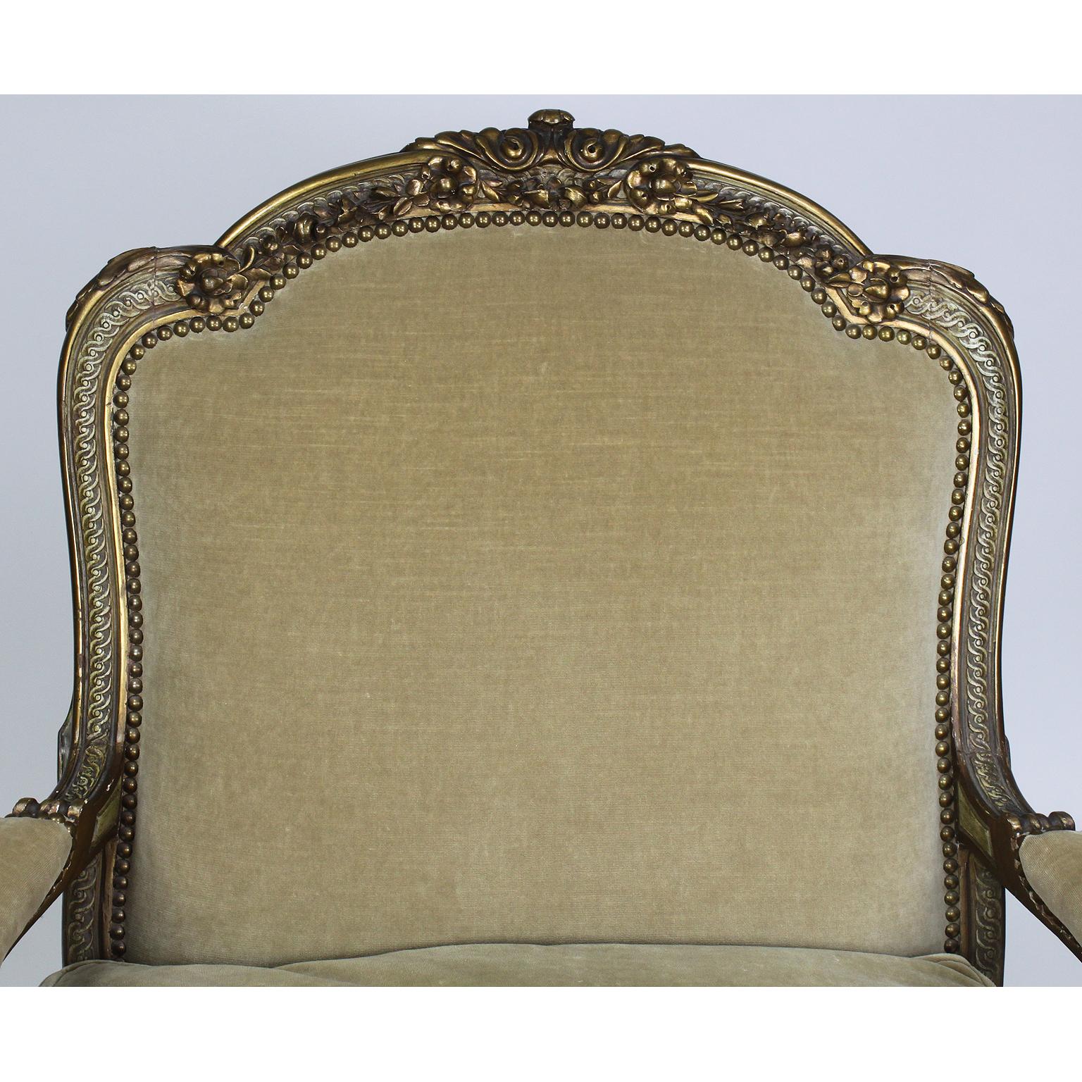 Pair of Louis XV Style Gilt & Painted Carved Armchairs, Attributed Maison Jansen In Good Condition For Sale In Los Angeles, CA