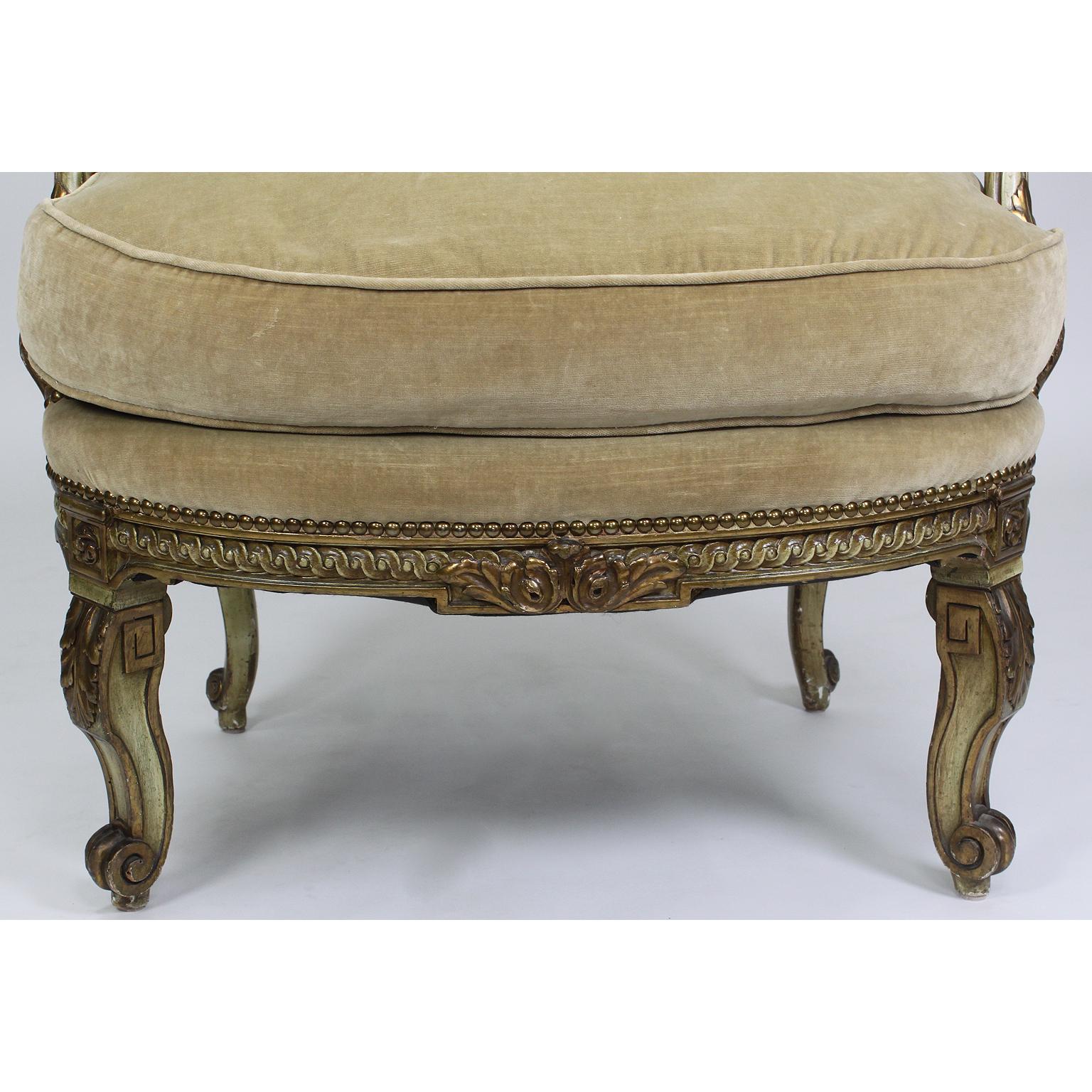20th Century Pair of Louis XV Style Gilt & Painted Carved Armchairs, Attributed Maison Jansen For Sale