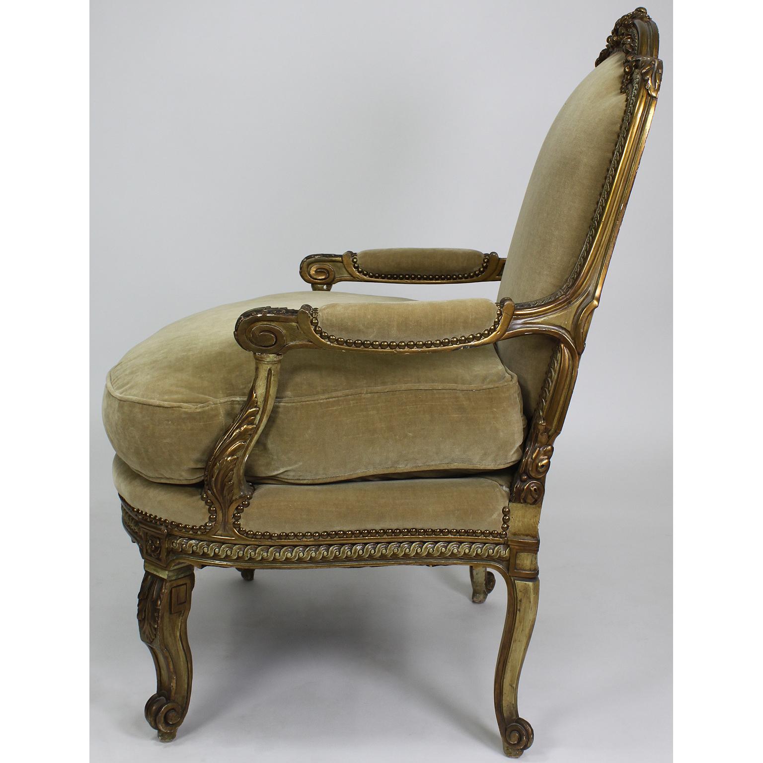 Velvet Pair of Louis XV Style Gilt & Painted Carved Armchairs, Attributed Maison Jansen For Sale