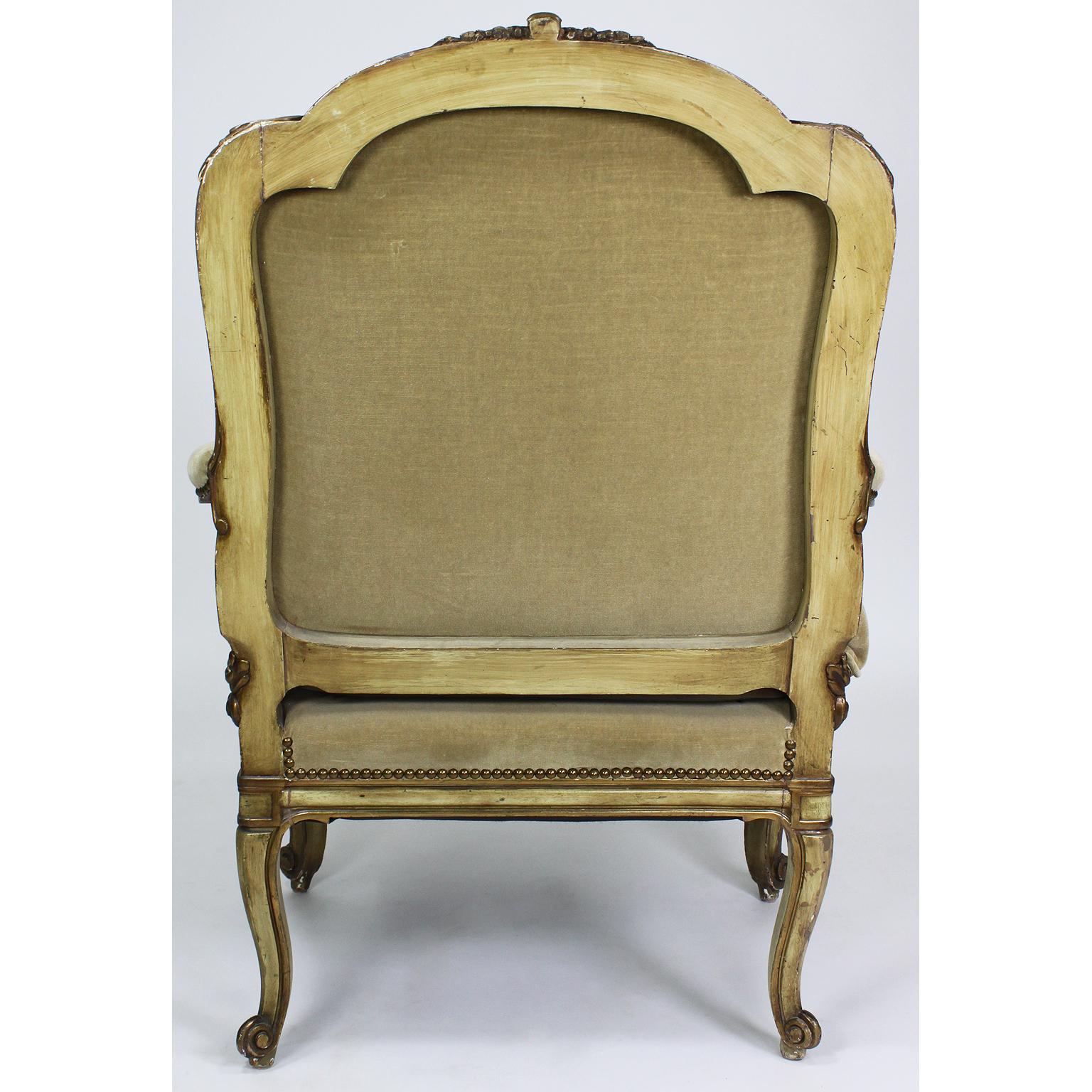 Pair of Louis XV Style Gilt & Painted Carved Armchairs, Attributed Maison Jansen For Sale 1