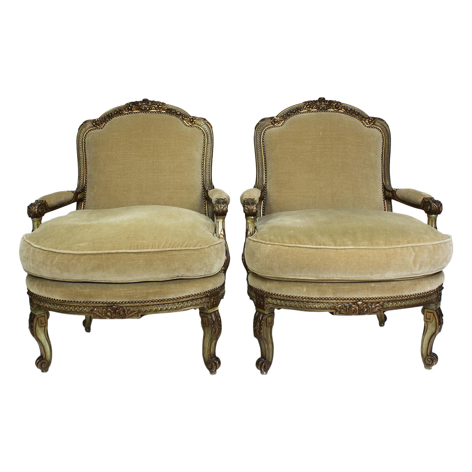 Pair of Louis XV Style Gilt & Painted Carved Armchairs, Attributed Maison Jansen