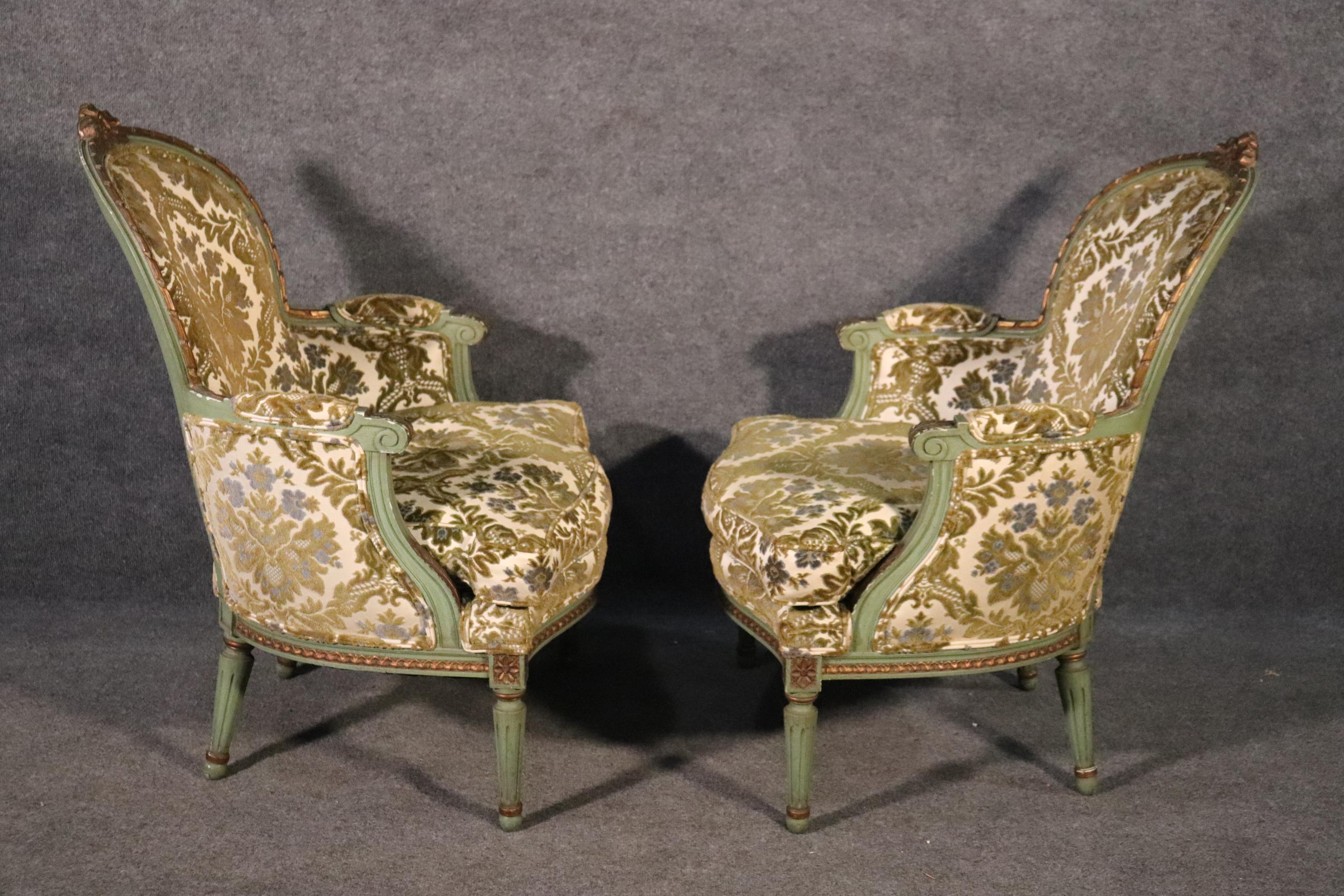 Pair of French Louis XV Style Green Painted Bergere Chairs, Circa 1950s 5