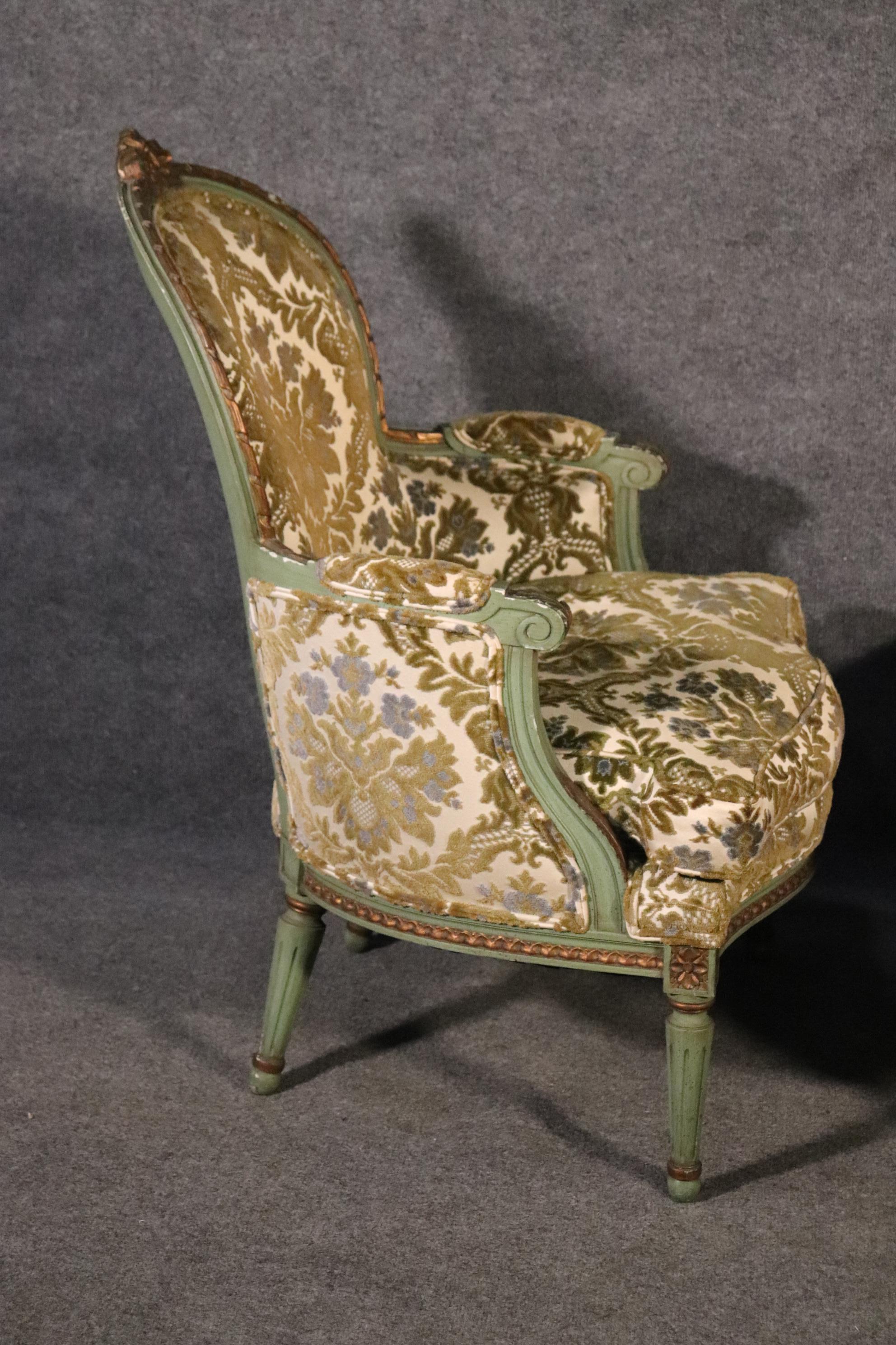 Pair of French Louis XV Style Green Painted Bergere Chairs, Circa 1950s 6