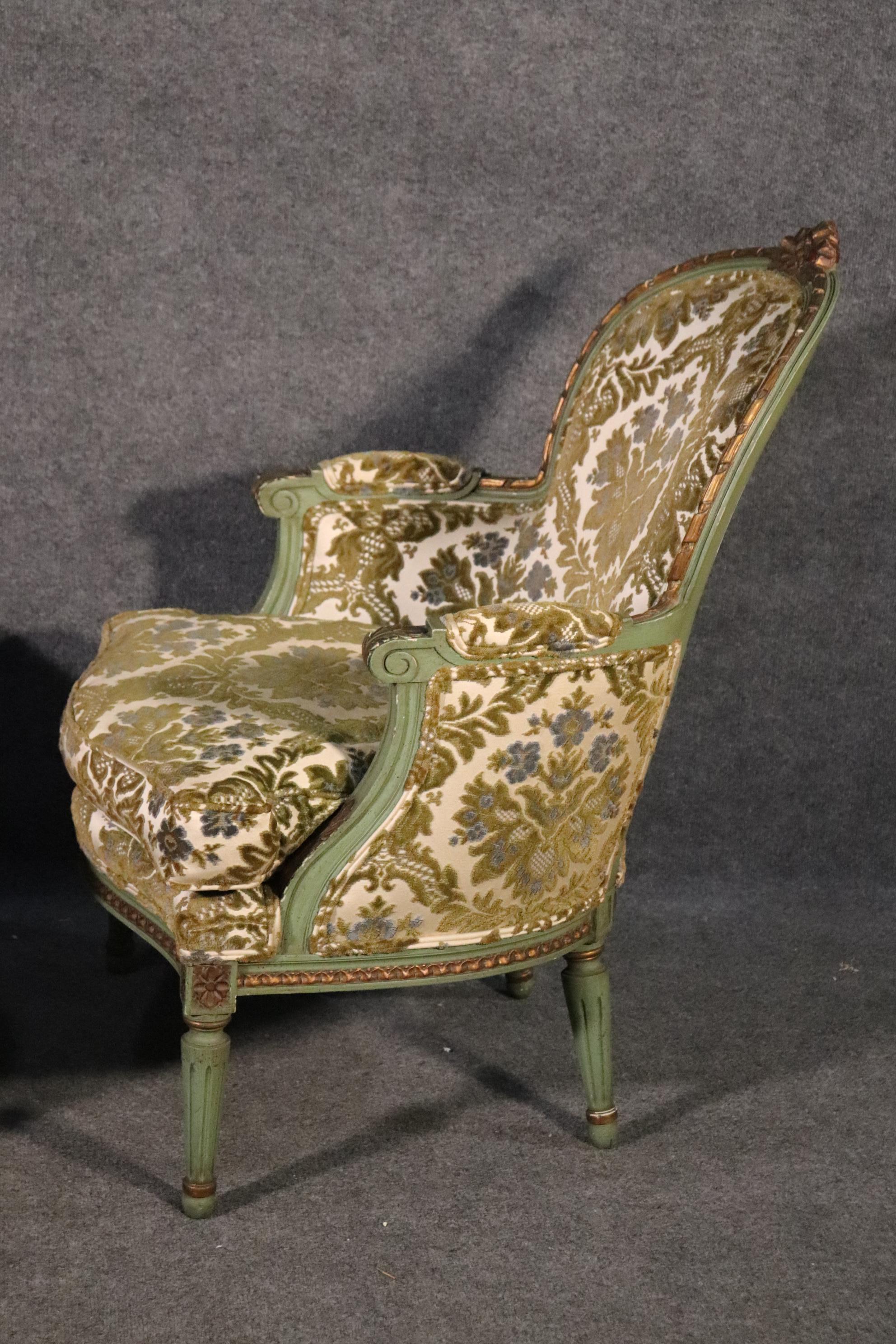 Pair of French Louis XV Style Green Painted Bergere Chairs, Circa 1950s 7