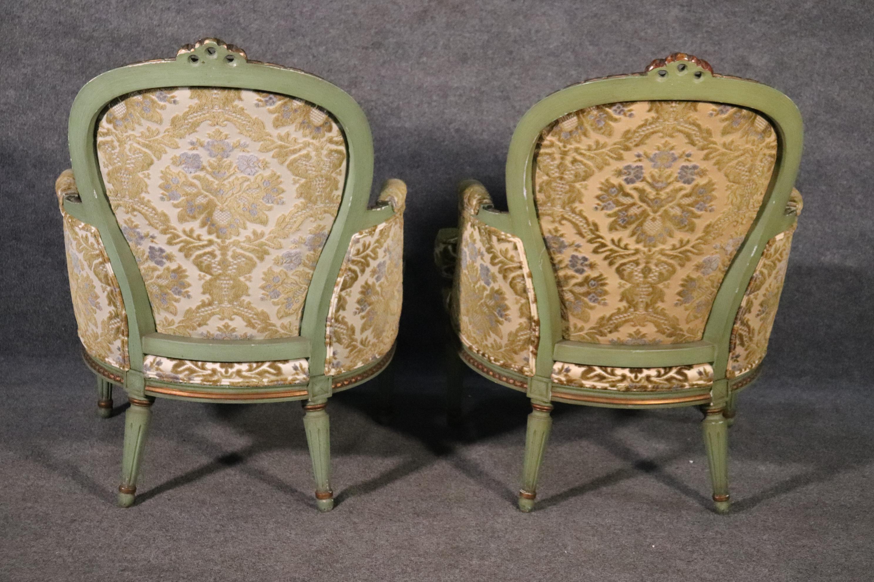 Pair of French Louis XV Style Green Painted Bergere Chairs, Circa 1950s 8