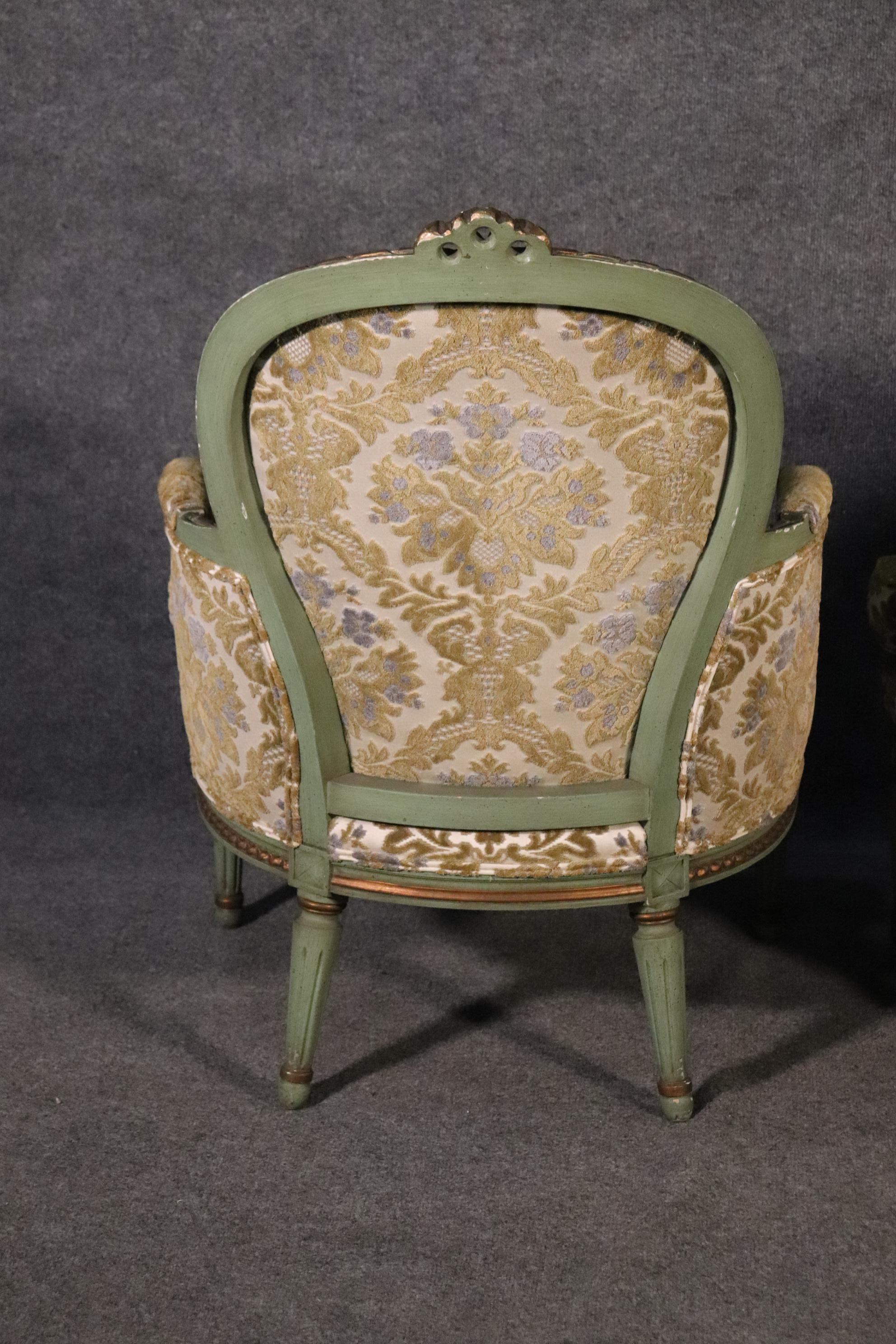 Pair of French Louis XV Style Green Painted Bergere Chairs, Circa 1950s 9