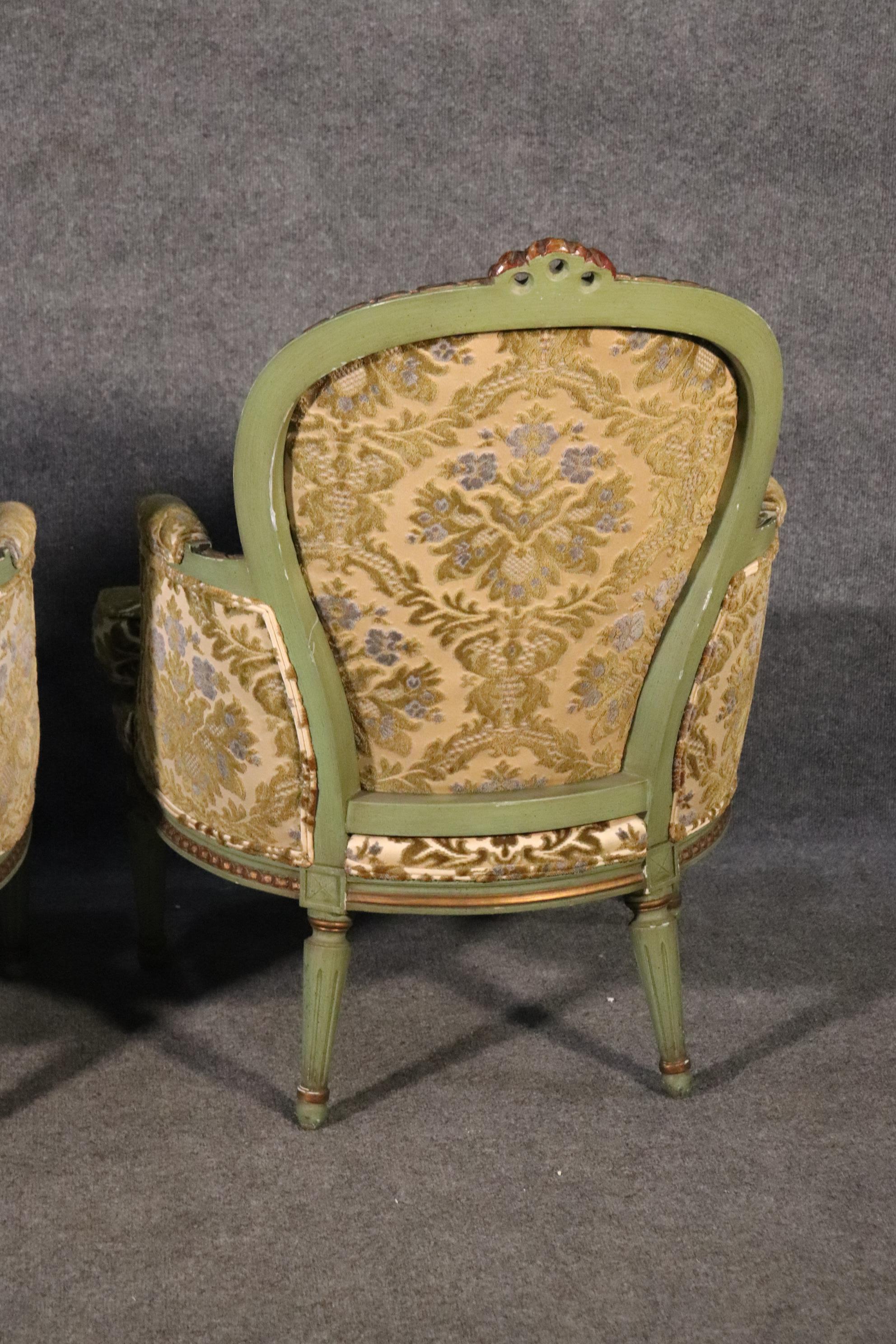 Pair of French Louis XV Style Green Painted Bergere Chairs, Circa 1950s 10