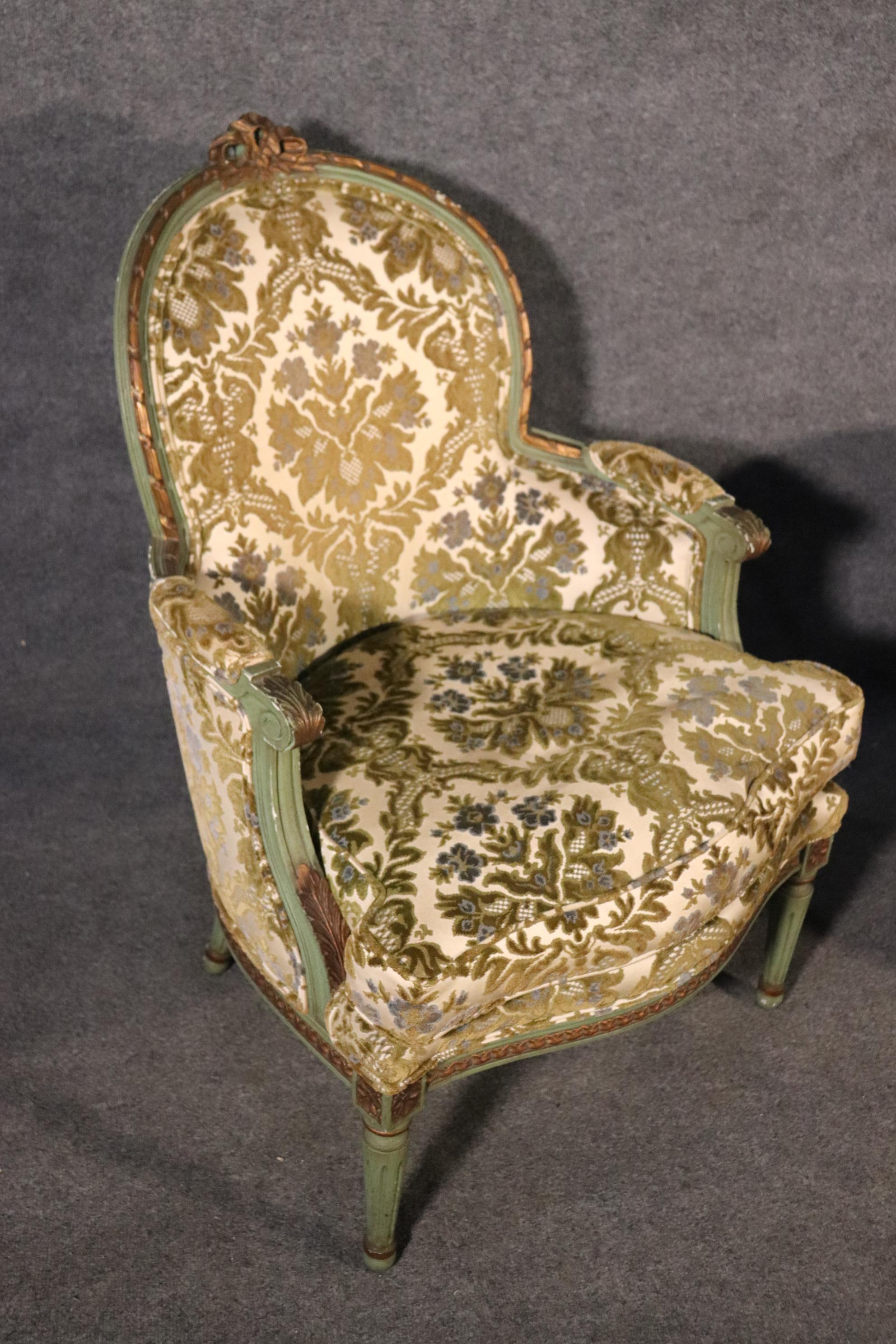 American Pair of French Louis XV Style Green Painted Bergere Chairs, Circa 1950s