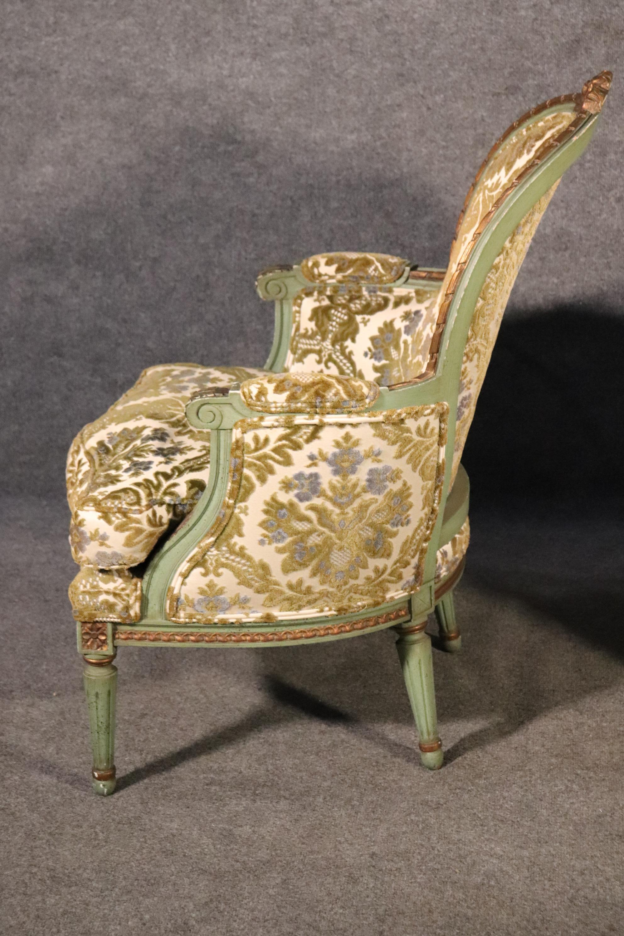 Mid-20th Century Pair of French Louis XV Style Green Painted Bergere Chairs, Circa 1950s