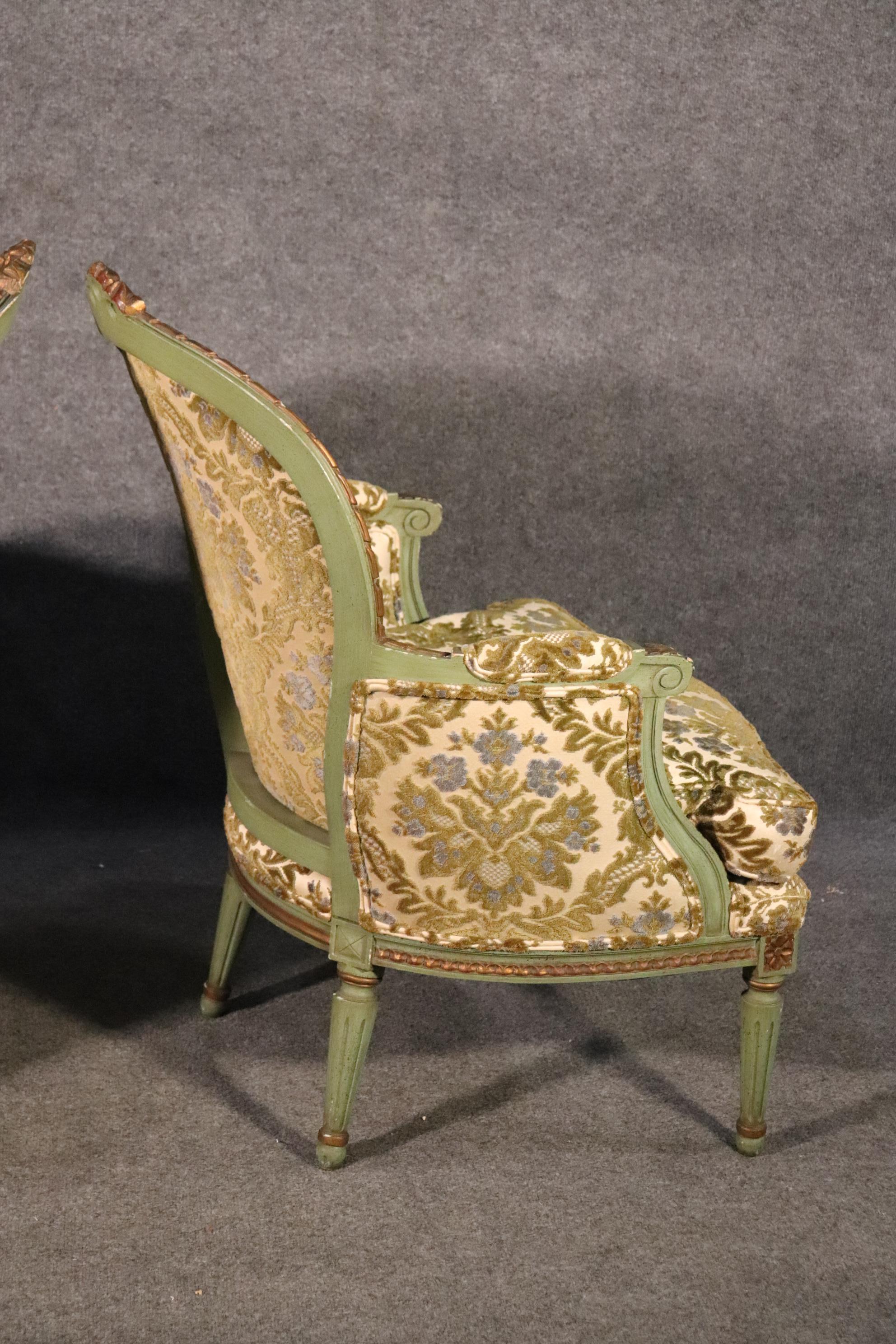 Walnut Pair of French Louis XV Style Green Painted Bergere Chairs, Circa 1950s