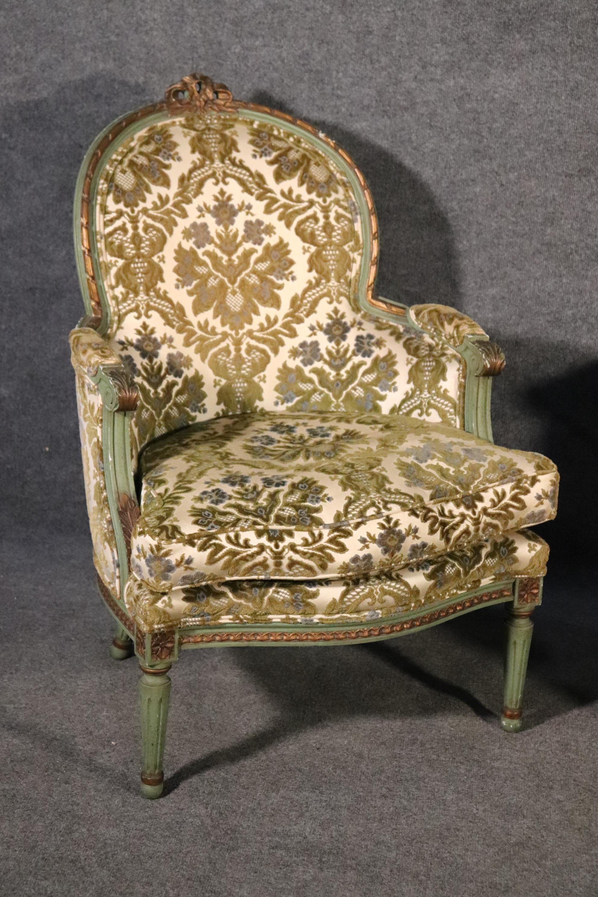 Pair of French Louis XV Style Green Painted Bergere Chairs, Circa 1950s 1